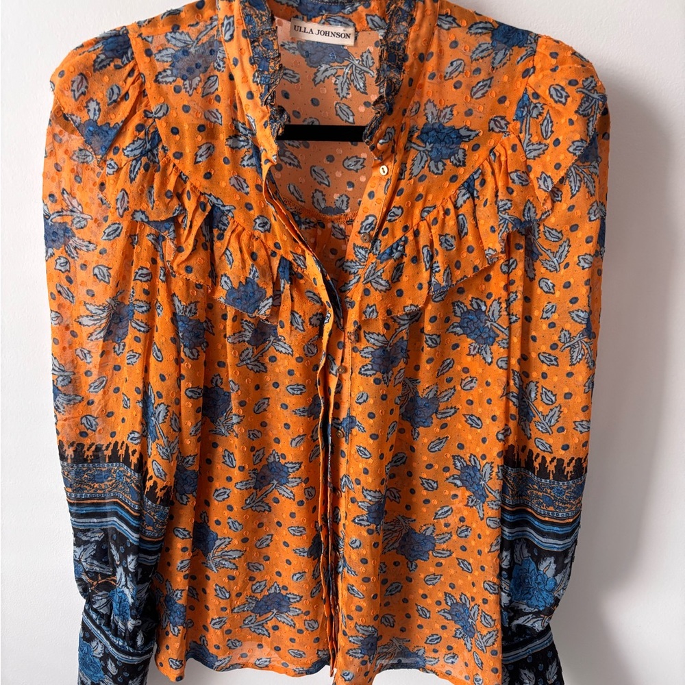 Ulla Johnson Orange and Blue Ruffled Sleeve Blouse